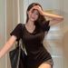 Women's Solid Color V-Neck Short Sleeve Front Shoulder Women's T-Shirt Summer Waist Slim Fit Pinch Waist Skinny Bottom Shirt Summer Wear_ecoleips.com