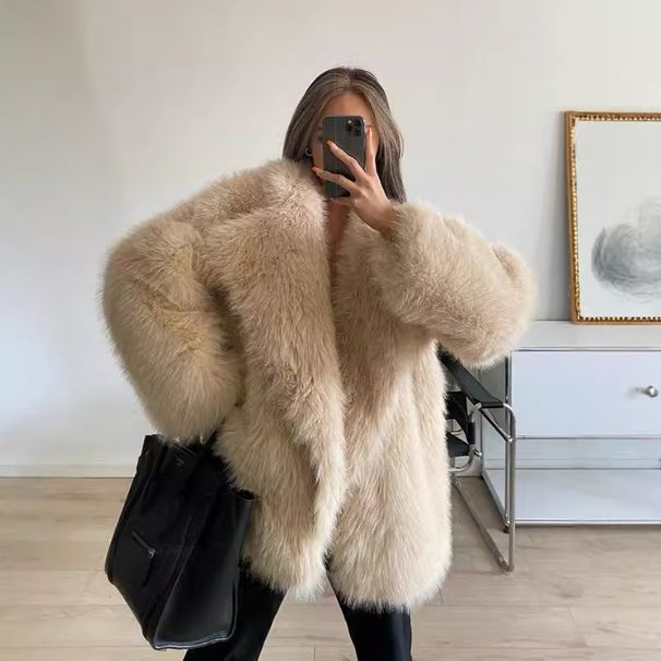 Women's Faux Fur Coat – Longline Fox-Inspired Jacket With Notched Lapel (Khaki, Mid-Length, Oversized Pockets)_ecoleips.com