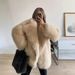 Women's Faux Fur Coat – Longline Fox-Inspired Jacket With Notched Lapel (Khaki, Mid-Length, Oversized Pockets)_ecoleips.com