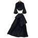 Women's Elegant Two Piece Set with Red Lantern Sleeve Three Dimensional Floral Design Fitted Waist Pleated Skirt for Spring_ecoleips.com