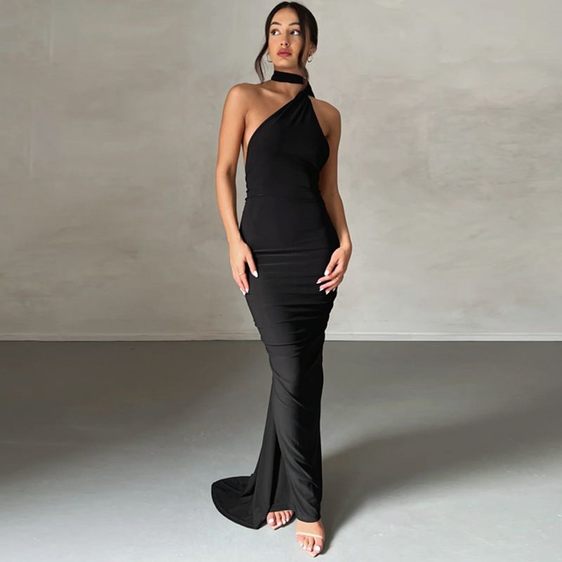 Summer European American Style Women's Sexy Backless Slim Fit Pleated Dress Solid Color Sleeveless Temperament Wholesale_ecoleips.com