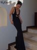 Hugcitar Black Strap Deep V Neck Backless Sexy Bodycon Maxi Dress 2023 Summer Women Elegant Clothes Festival Rave Party Club Y2K_ecoleips.com