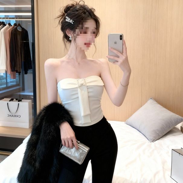 Sexy Bow-Tie Sleeveless Strapless With Chest Pads, 2026 Spring New Style, Slim-Fit One-Shoulder Top_ecoleips.com