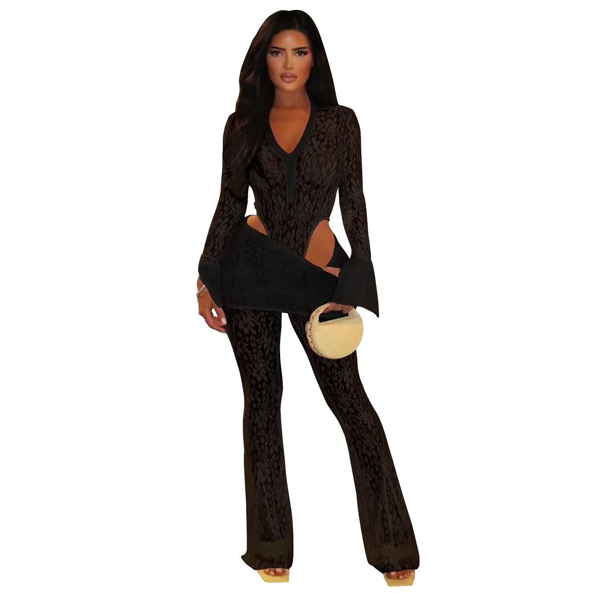 Women's Clothing Sheer Lace Jumpsuit & Blazer Set – Long Sleeve Mesh Bodysuit With Flared Sleeves (5 Sizes, Poly-Spandex Blend, Russian-Inspired)_ecoleips.com