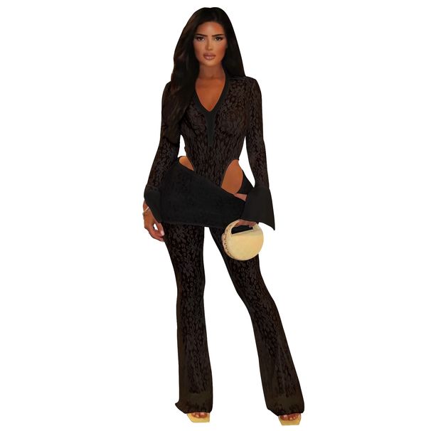 Women's Clothing Sheer Lace Jumpsuit & Blazer Set – Long Sleeve Mesh Bodysuit With Flared Sleeves (5 Sizes, Poly-Spandex Blend, Russian-Inspired)_ecoleips.com