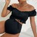 Women's Clothing Loose Belly Covering Split Swimsuit Solid Color Off Shoulder Short Sleeved Tube Top Two Piece Bikini_ecoleips.com