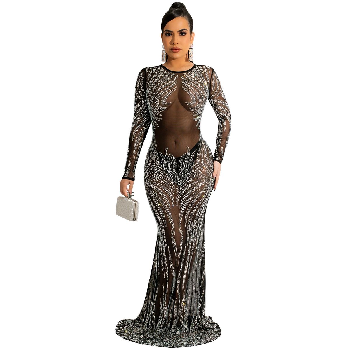 Women's nightclub style sexy hot diamond mesh see-through long-sleeved long skirt dress for women_ecoleips.com