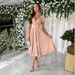 Summer Commuter Women's Dress Deep V Neck Waist Cinching Puff Sleeve Full Skirt Solid Color_ecoleips.com
