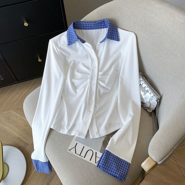 Women's Clothing Polo Collar Long Sleeved Knitted Top Spring New Versatile Pleated Contrast Color Plaid T Shirt_ecoleips.com