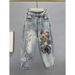 Heavy-duty Rhinestone For Women, Baggy Jeans, New Elastic High Waist, Loose Fit, Slimming, Printed Dad Jeans_ecoleips.com