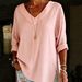 Women's Street Fashion V Neck Long Sleeve Cotton Linen Shirt Solid Color Loose Top European American_ecoleips.com