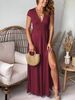 Women's Deep V-Neck Short Sleeve Long Ruched High Waist Split Club Party Evening Solid Color Dress_ecoleips.com