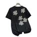 Plus-Size Embroidered Floral T-Shirt – Elegant Beaded Blouse For Women, Loose Fit & Breathable (1XL-4XL, Black)_ecoleips.com
