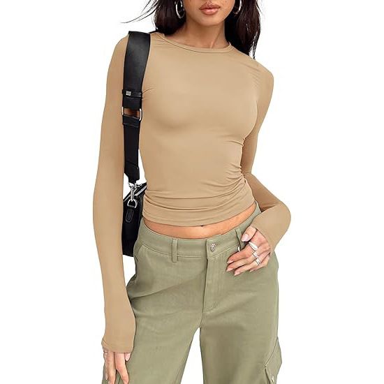 1pcs Four Seasons Fashion Senior Women T-shirt Long Sleeve Crew Neck Solid Slim Fit Tee Ladies Crop Top Daily Streetwear Camis_ecoleips.com