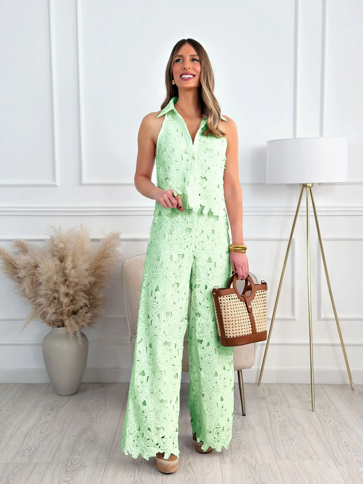 Women's Clothing Women's Summer Heavy Embroidery Hollow V Neck Vest Top Wide Leg Straight Trousers Set For Formal & Casual For Women_ecoleips.com