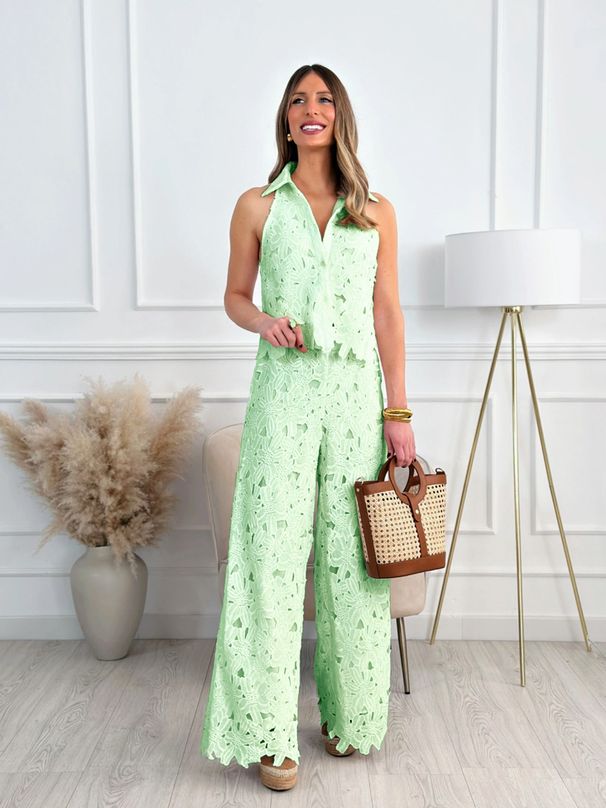 Women's Clothing Women's Summer Heavy Embroidery Hollow V Neck Vest Top Wide Leg Straight Trousers Set For Formal & Casual For Women_ecoleips.com