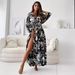 Women's Clothing Long Sleeve Sexy Deep V Multicolor Large Flower Print Slit Dress_ecoleips.com