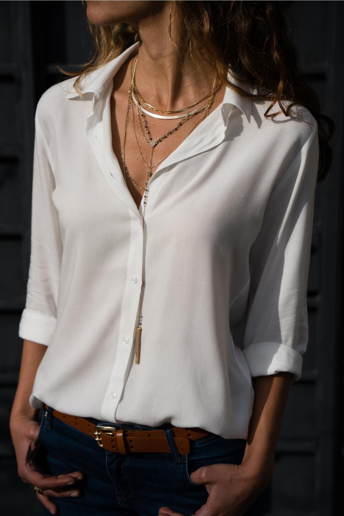 2018 Autumn Winter Women's Long Sleeve Deep V Button Chiffon Blouse_ecoleips.com