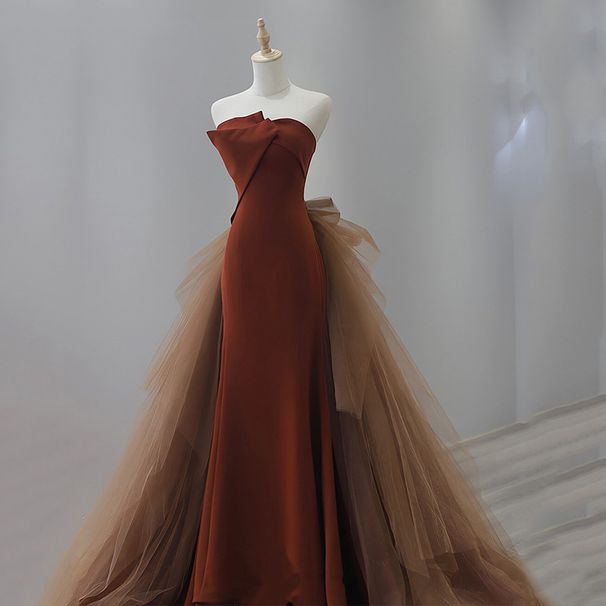 Maillard Color Fishtail Strapless 2026 Spring Engagement Wedding Bride's Toast Female Host Evening Dress_ecoleips.com