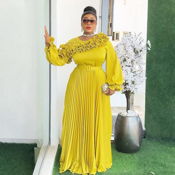 Elegant Plus Size Maxi Dress With 3D Floral Embroidery - High Waisted Long Sleeve Formal Dress For Women (L-3XL, Purple/Black/Green/Yellow)_ecoleips.com