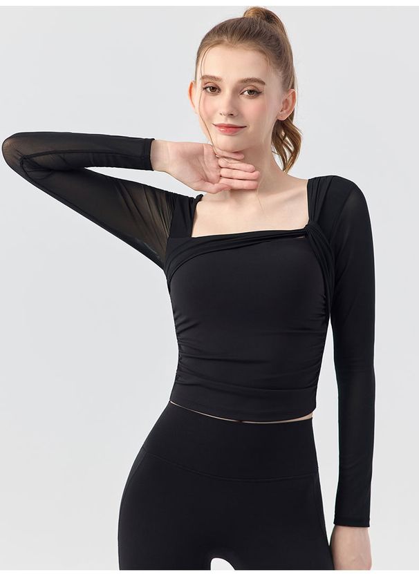 K Women's Yoga Clothing With Long Sleeves, Fixed Cups, Mesh Splicing, Beautiful Back Straps, Breast Pads, Long And Slimming Solid Color Fitness_ecoleips.com