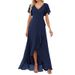 Women's Clothing Double V Neck Backless Chiffon Dress Solid Color Short Sleeved Long Dress Banquet Bridesmaid Evening Dress_ecoleips.com