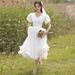 White Formal Registration, Suitable Everyday Wear, Elegant V-neck French-style For Birthday Parties, Light Wedding Dress_ecoleips.com