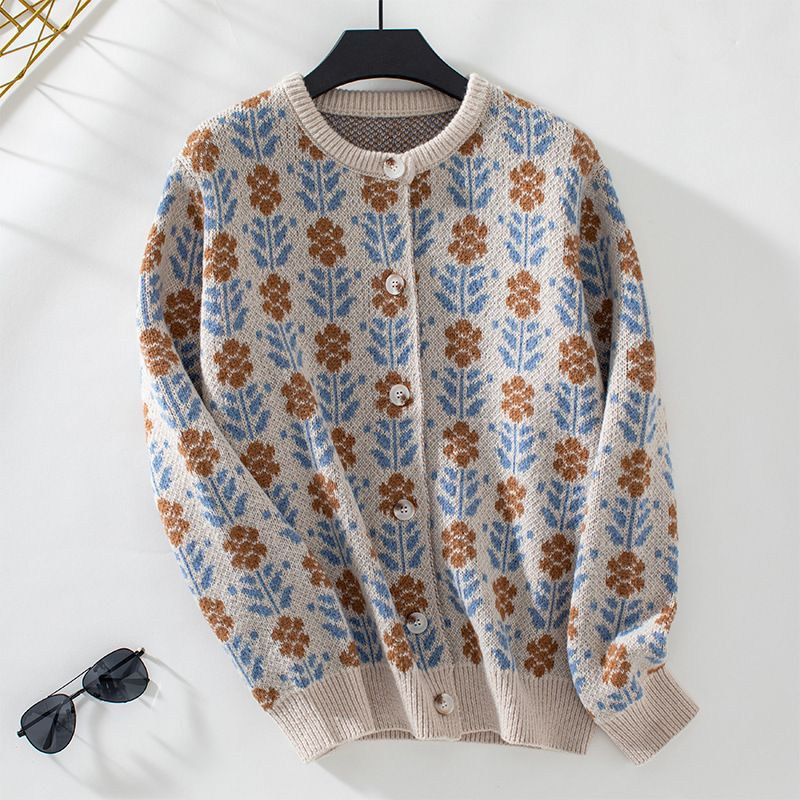 Floral Jacquard Sweater Cardigan For Women, Autumn/Winter Single-Button Long-Sleeve Knit Jacket_ecoleips.com