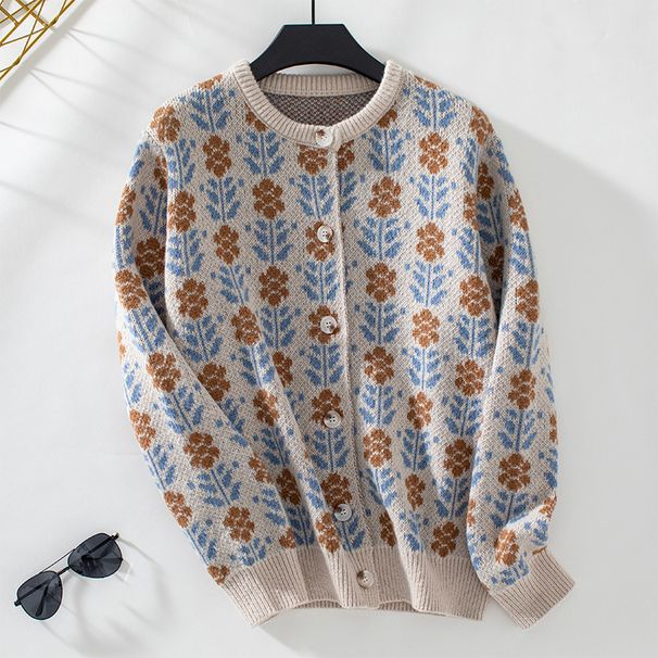 Floral Jacquard Sweater Cardigan For Women, Autumn/Winter Single-Button Long-Sleeve Knit Jacket_ecoleips.com