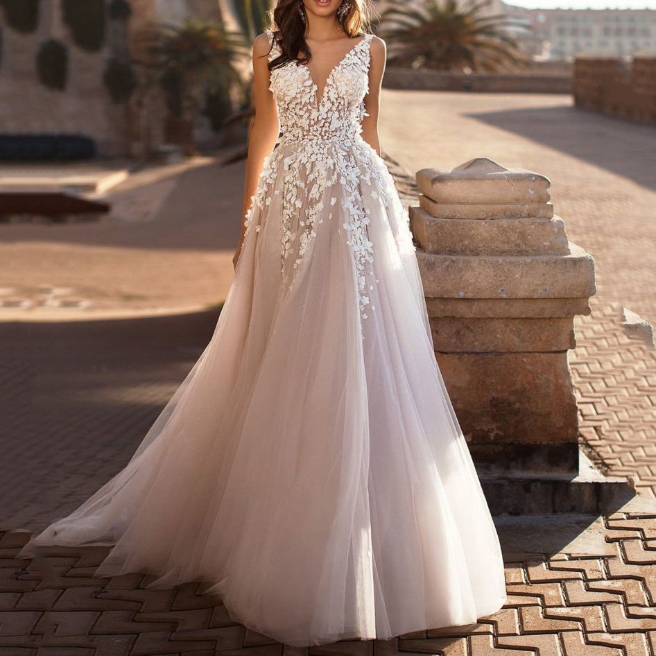 Women's Clothing Sexy Lace Dress Sleeveless Deep V Neck Wedding Dress Embroidery Long Skirt_ecoleips.com
