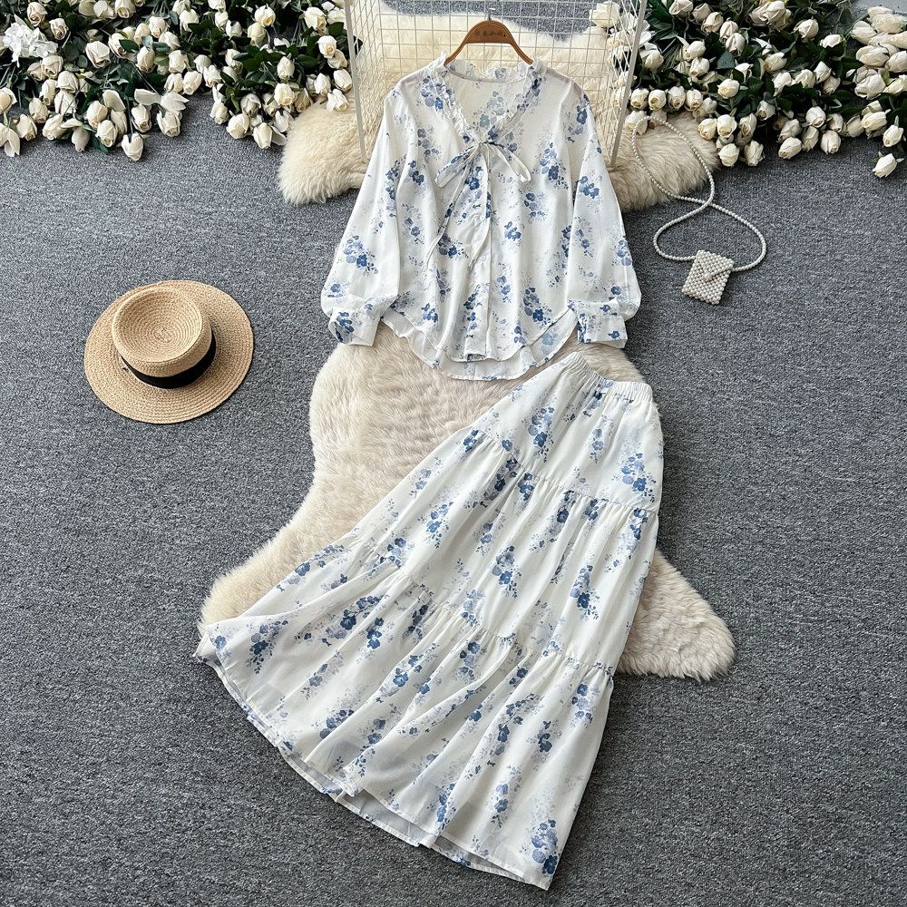 Gentle And Sophisticated Two Piece Floral Print Women's Early Autumn Tie Waist Slimming And Elegant Suit For Commuting._ecoleips.com