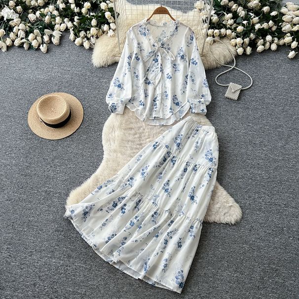 Gentle And Sophisticated Two Piece Floral Print Women's Early Autumn Tie Waist Slimming And Elegant Suit For Commuting._ecoleips.com