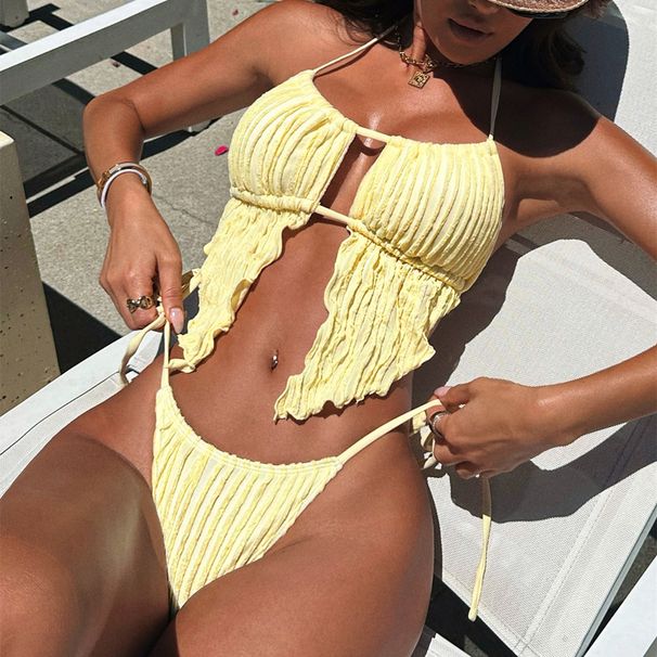 Women's Clothing European American Sexy Two Piece Swimsuit Yellow Bikini Stylish Women's Clothing Swimwear For Hot Springs Beach Vacations_ecoleips.com