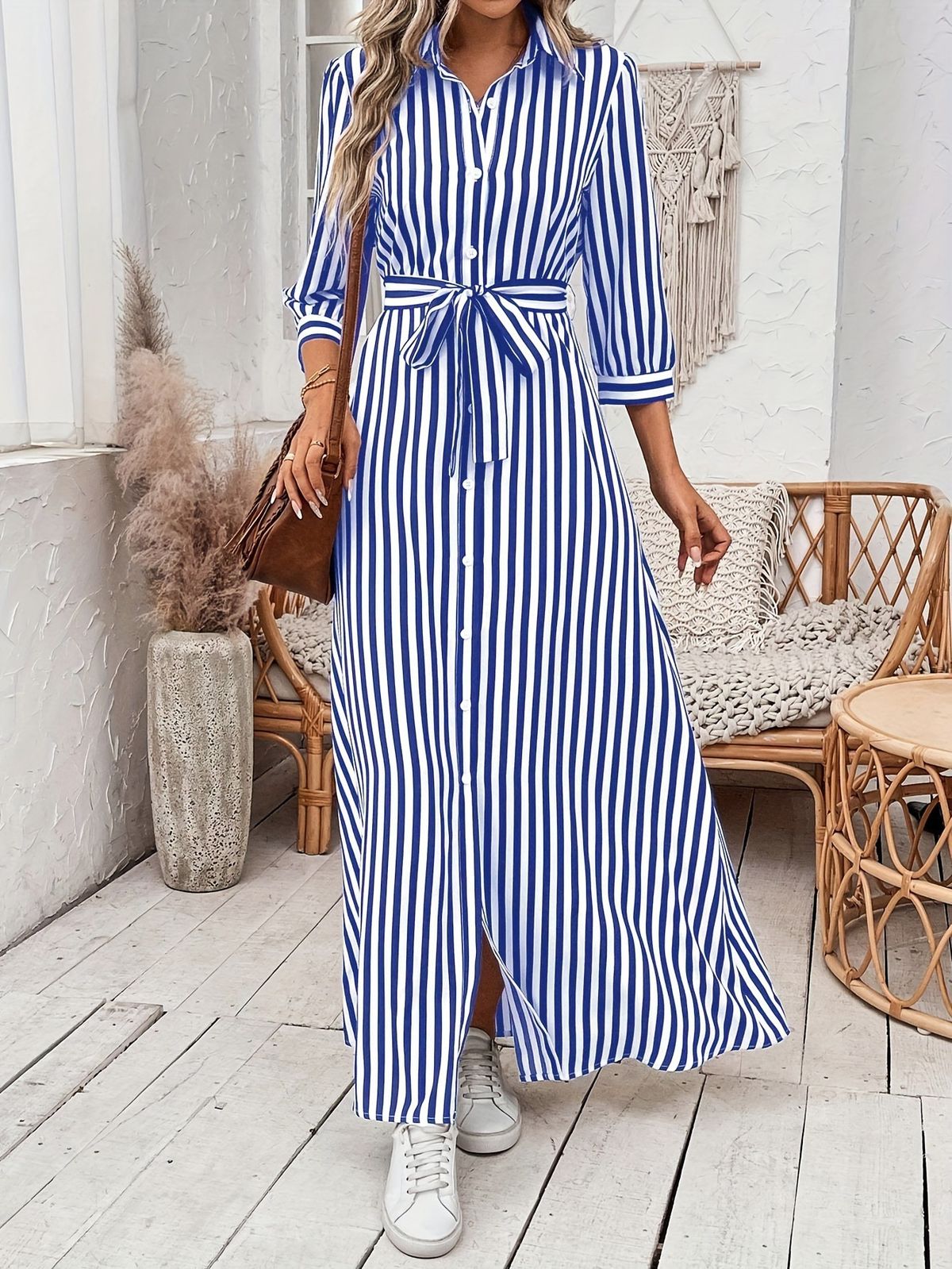 Women's Long Sleeve Stripe Shirt Dress, Lapel Collar Button Down Tunic Dress For Fall Casual Office Wear_ecoleips.com
