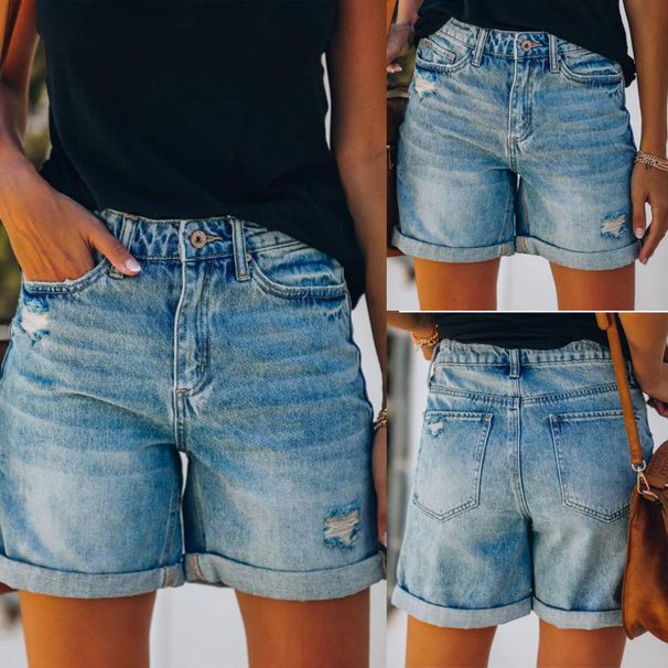Women's Clothing Casual Washed Denim Shorts Straight Leg Pants Torn Hole Design Polyester Fiber Shorts_ecoleips.com