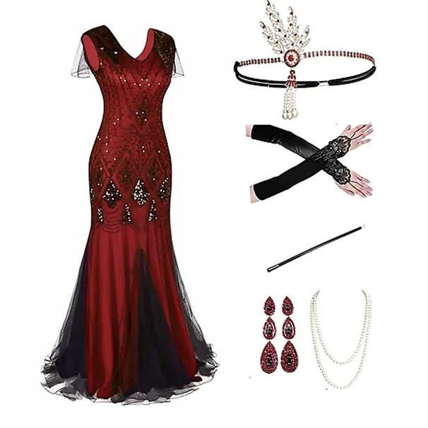 Women's Clothing Retro Sequined Tassel Skirt Dress V Neck Beaded Evening Gown Women's Party Dress_ecoleips.com
