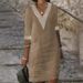 Women's Solid Color V Neck mid Sleeve Casual Dress Cotton And Linen Blend Independent Website Hot Selling 2023 European And American Style_ecoleips.com
