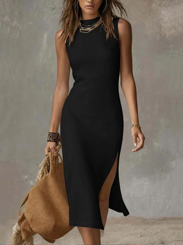 Women's Clothing Women's Sleeveless Solid Color Vest High Slit Elegant Mid Length Knitted Dress For Formal & Casual For Women_ecoleips.com