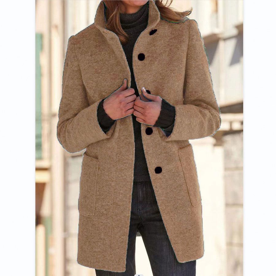 Women's Retro Solid Color Button Stand Collar Woolen Coat Autumn/Winter Style New Arrival_ecoleips.com