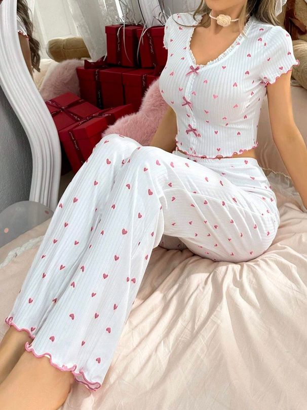 Women's Clothing Home Clothes Printed Heart V Neck Short Sleeved Pajamas Long Pants Two Piece Suit_ecoleips.com