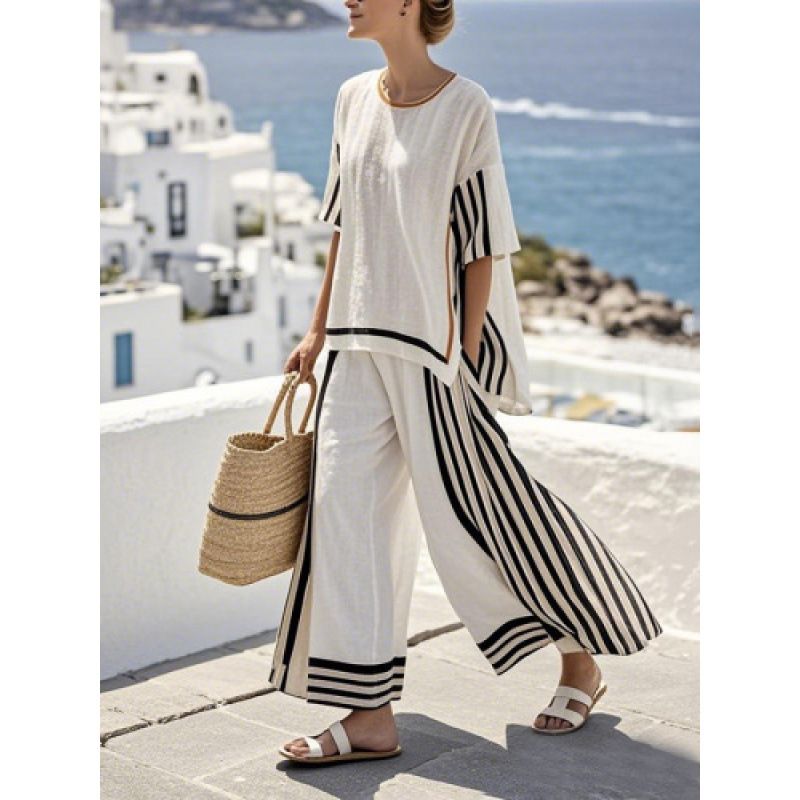 Women's Linen-Like Polyester Wide Leg Pants Set With 3d Print - Comfortable Summer Outfit For Casual Wear (S-5xl, Multiple Colors)_ecoleips.com