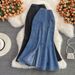 Women's Slim Fit Fishtail Denim Skirt – High Waist Bodycon Midi Skirt With Elastic Waist & Side Slit, Ruffled Hem For Casual & Night Out_ecoleips.com