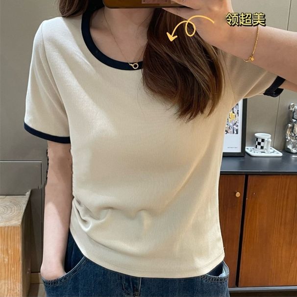 Chic Youthful Short-Sleeve T-Shirt For Women, Slimming And Brightening, Versatile Slimming Top For Summer, Round Neck Wi_ecoleips.com