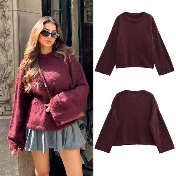 Aria Basics Aria Basics 2024 Autumn New Arrival: Casual European And American Women's Street Fashion Solid Color Round Neck Oversized Sweater_ecoleips.com