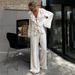 Women's Clothing V Neck Ruffled Long Sleeved Shirt High Waist Wide Leg Pants Two Piece Suit_ecoleips.com