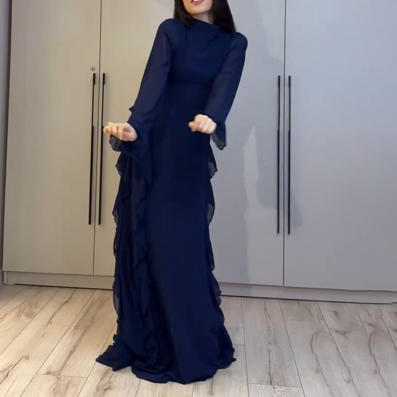 Autumn New Women's Retro Cross-Border Slim Waist Dress European And American Style Semi High Neck Elegant Clothing for Ladies_ecoleips.com