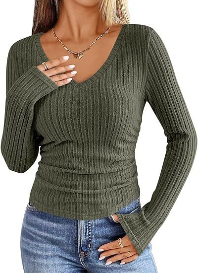 Women's Versatile Solid Color V-Neck Long Sleeve T-Shirt Slim Fit Ribbed Brushed Fashionable Top For American Style 2026_ecoleips.com