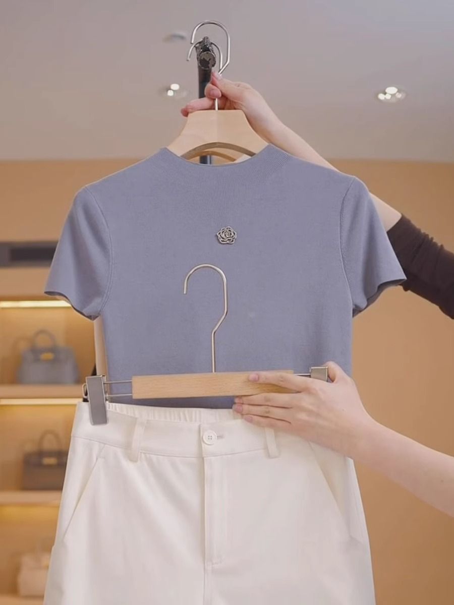 Women's French Style Camellia T-Shirt High Neck Short Sleeve Elegant Versatile Slimming Ice Silk Knit Top For Summer_ecoleips.com