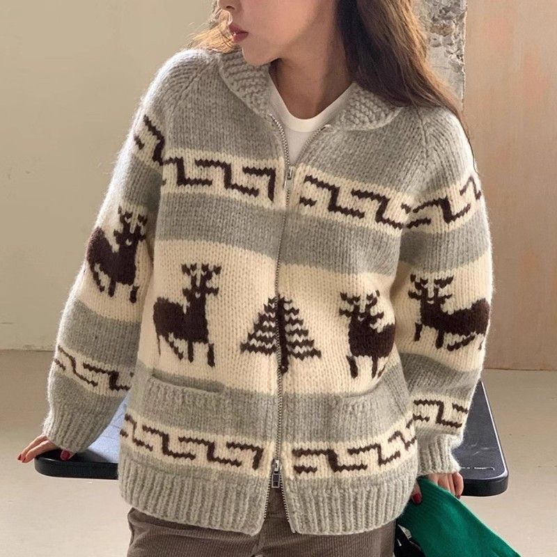Christmas Knit Zip-Up Cardigan – Embroidered Floral & Animal Print Oversized Sweater Coat (Gray/Black) | Heavy Jacquard Pullover_ecoleips.com