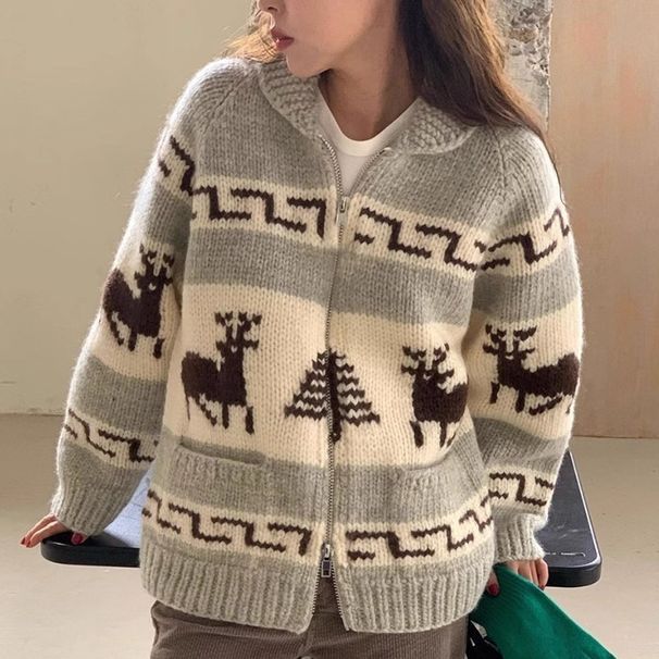 Christmas Knit Zip-Up Cardigan – Embroidered Floral & Animal Print Oversized Sweater Coat (Gray/Black) | Heavy Jacquard Pullover_ecoleips.com